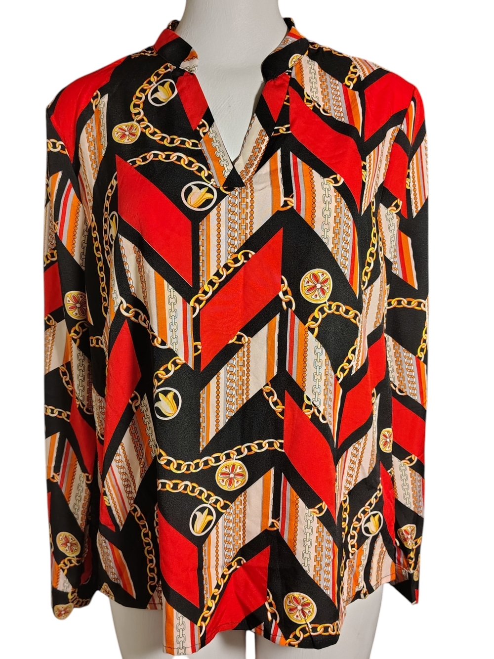 Bold Chain-Print V-Neck Blouse in Red, Black & Gold